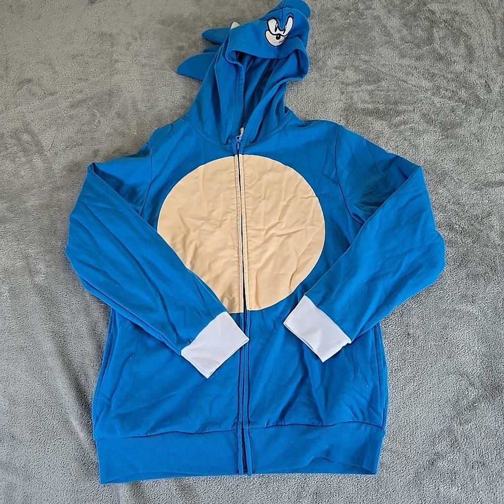 Sega Sonic Sweatshirt Boys Large Blue Hooded Zip Pockets 3D Quills Hoodie Casual